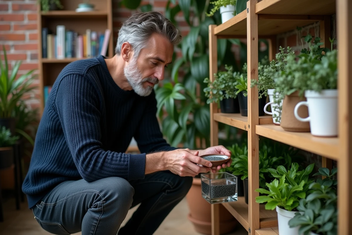 Homme d'âge mûr ajoutant des perles d'eau dans une jardinière en verre sur une étagère de plantes d'intérieur dans un bureau à domicile