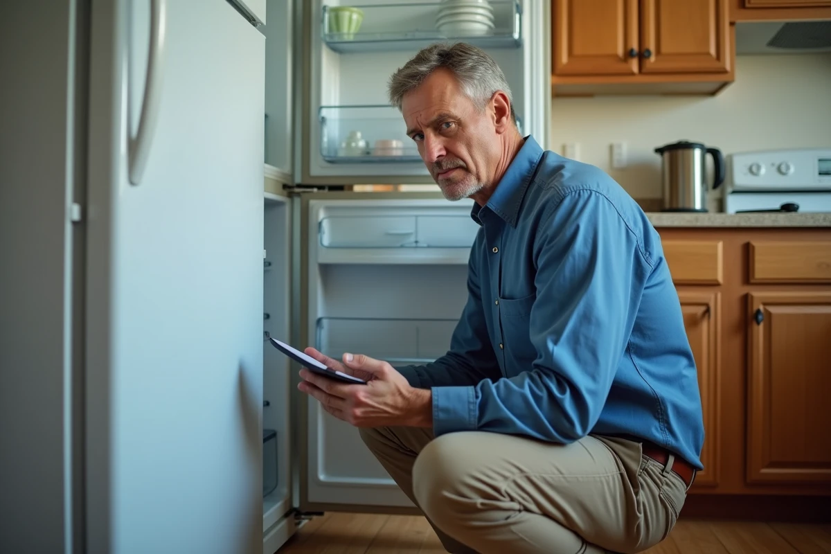 Homme examinant un frigo cassé dans une cuisine usée
