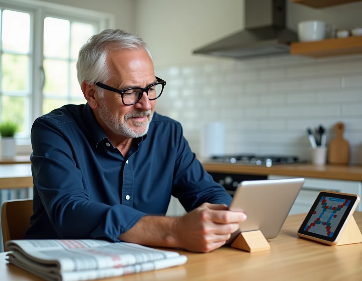 Homme d'âge mûr jouant gratuitement au Scrabble en ligne sur tablette dans une cuisine moderne