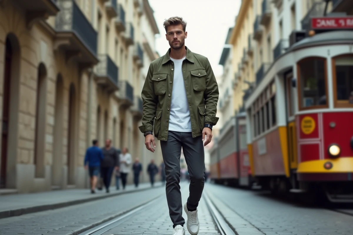 Homme en veste utilitaire olive marchant dans une rue pavée d'un quartier urbain européen tendance