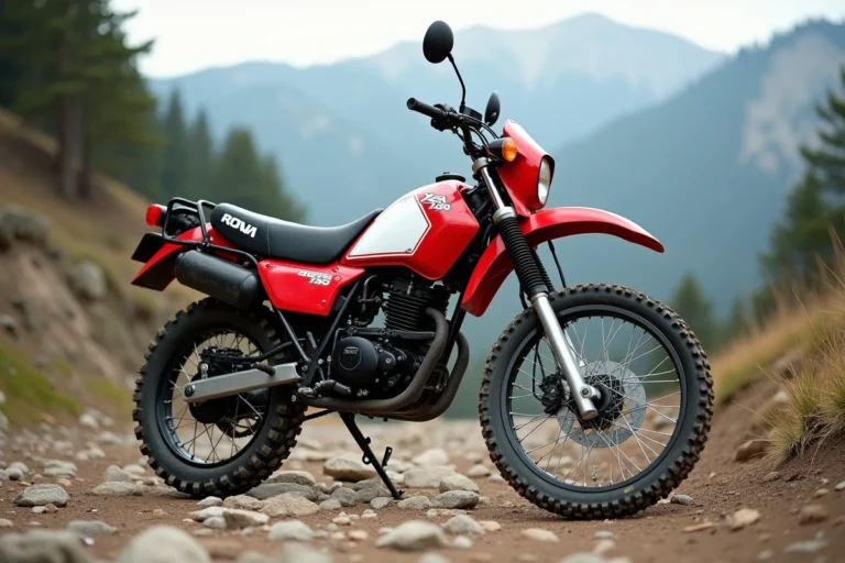 Honda XR600 garée sur un sentier de montagne rocailleux, entourée de paysage trail naturel avec végétation éparse et crêtes en arrière-plan