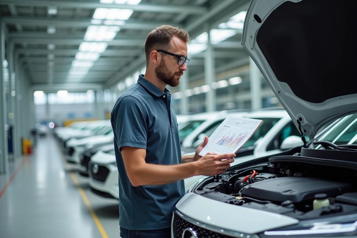 Ingénieur automobile inspectant le moteur d'un SUV hybride blanc dans une usine de fabrication moderne