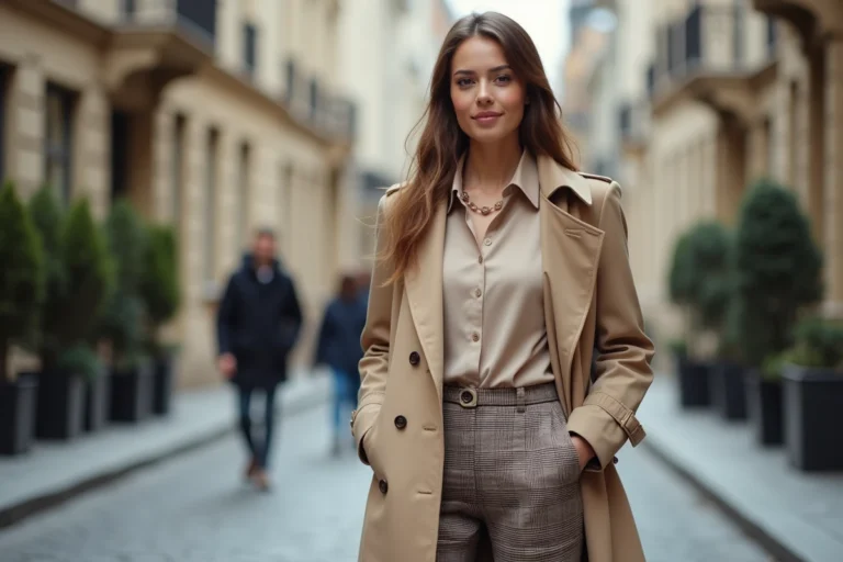 Jeune femme élégante en trench beige dans une rue urbaine