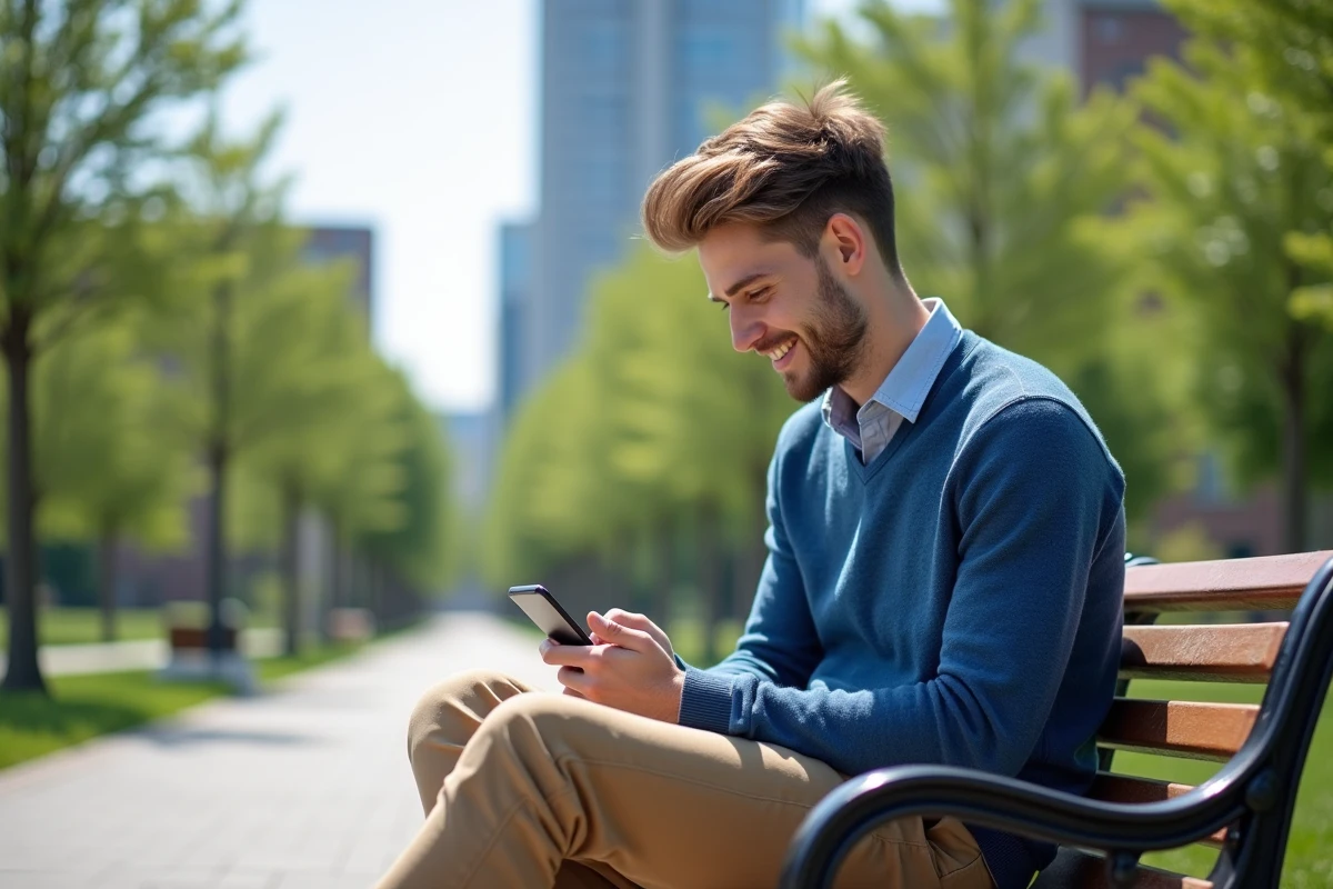 Jeune homme analysant des données sur son smartphone en plein air