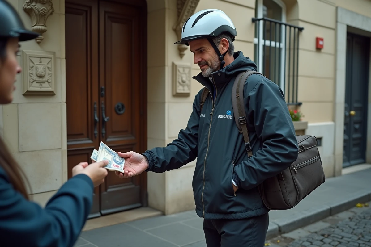Un livreur reçoit un paiement en espèces devant un immeuble parisien lors d'une livraison Uber Eats