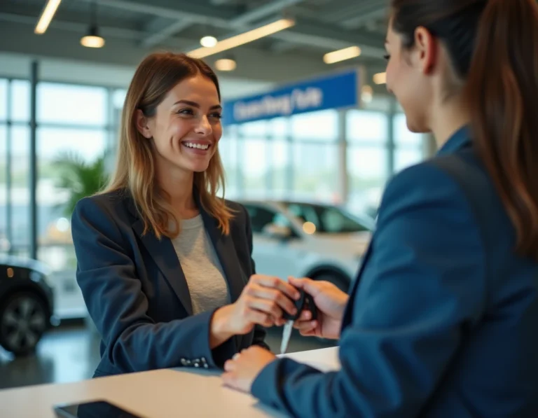 Femme souriante recevant les clés d'une voiture de location au comptoir d'une agence moderne