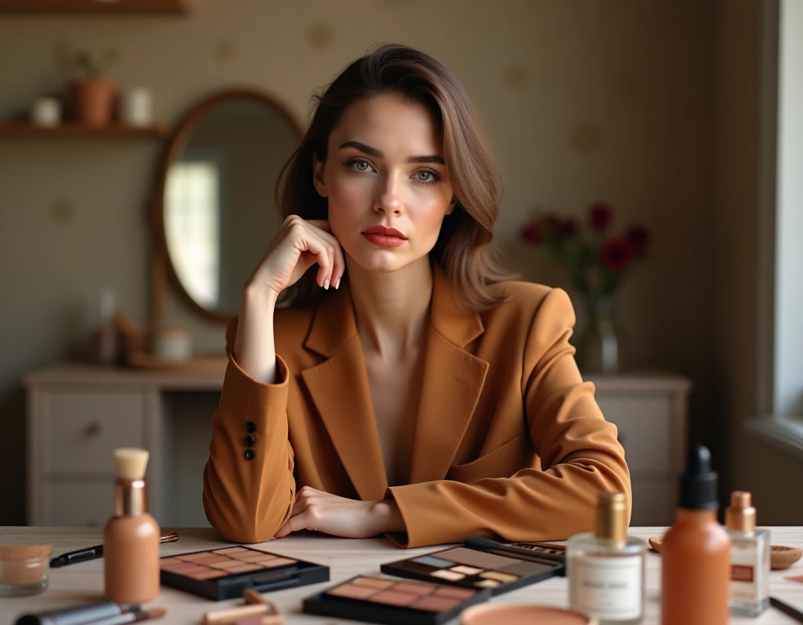 Femme confiante avec un maquillage tendance tons terreux assise devant une coiffeuse élégante, nouveautés beauté 2024