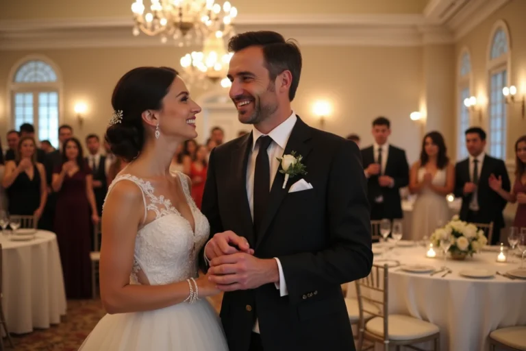 Couple marié élégant souriant lors d'une reception de mariage