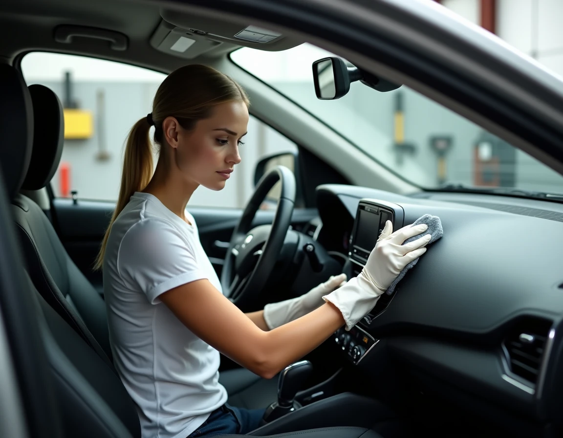Femme nettoyant le tableau de bord d'un SUV noir avec un chiffon microfibre dans un garage moderne, entretien intérieur voiture