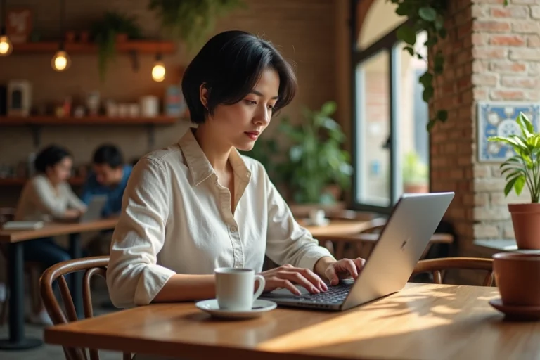 Nomade digitale travaillant sur son ordinateur portable dans un café de Lisbonne avec des carreaux azulejo en arrière-plan
