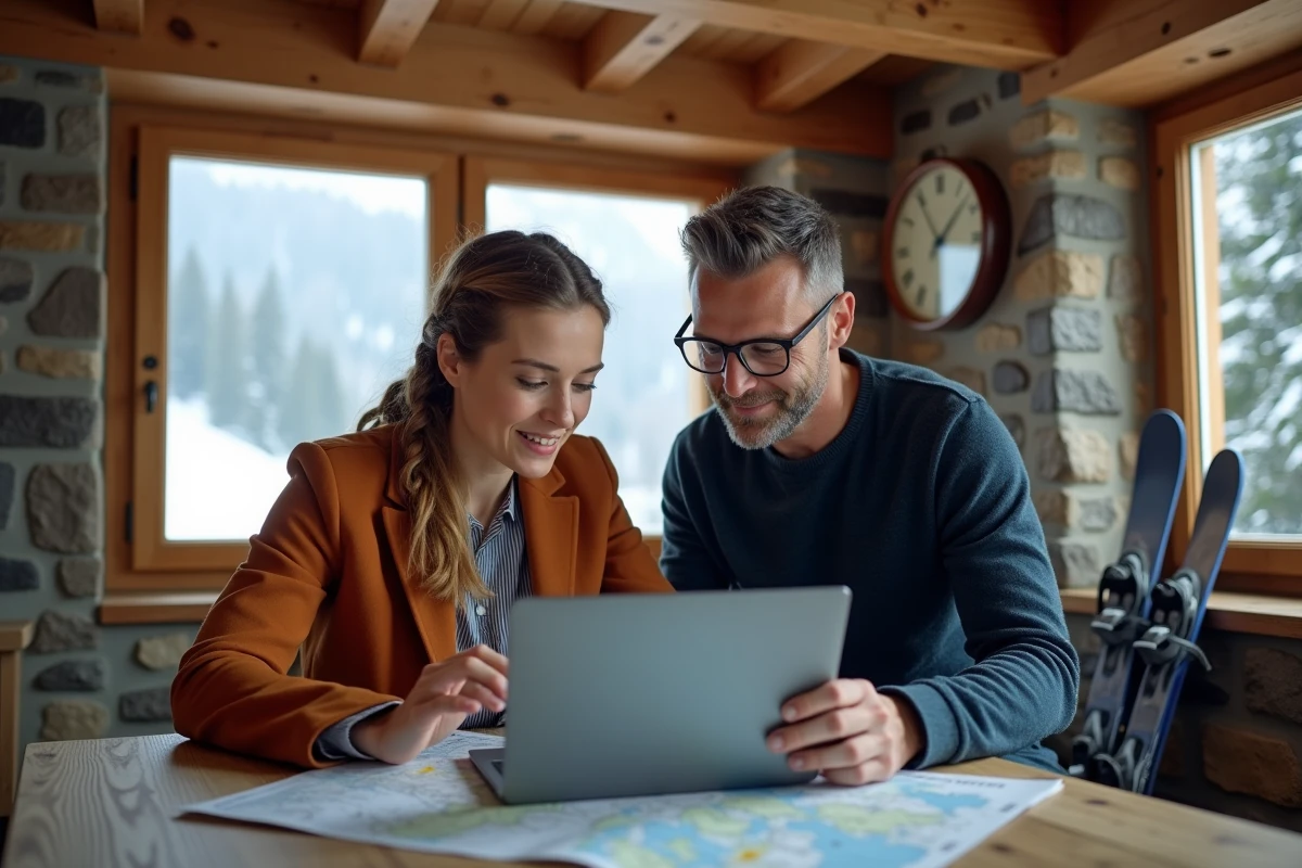 Zwei digitale Nomaden arbeiten zusammen in einem alpinen Co-Working-Chalet mit Blick auf einen verschneiten Wald in der Schweiz