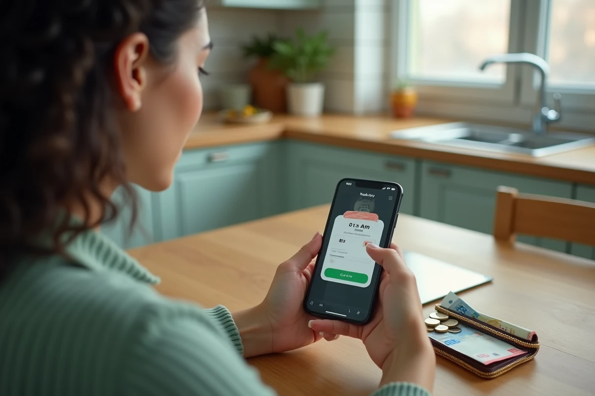 Une femme sélectionne l'option paiement en espèces sur l'application Uber Eats depuis sa cuisine
