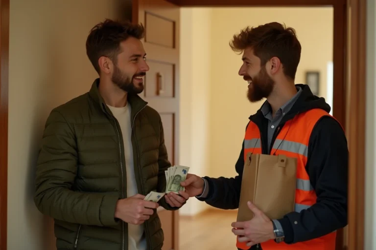 Un homme remet des billets en espèces à un livreur Uber Eats à la porte de son appartement