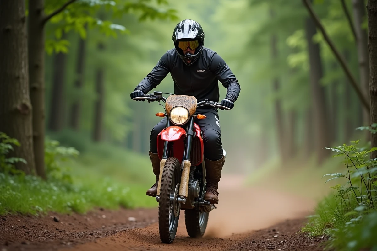 Pilote en équipement enduro sur une Honda XR600 en pleine action sur piste forestière, avec casque intégral et tenue trail complète