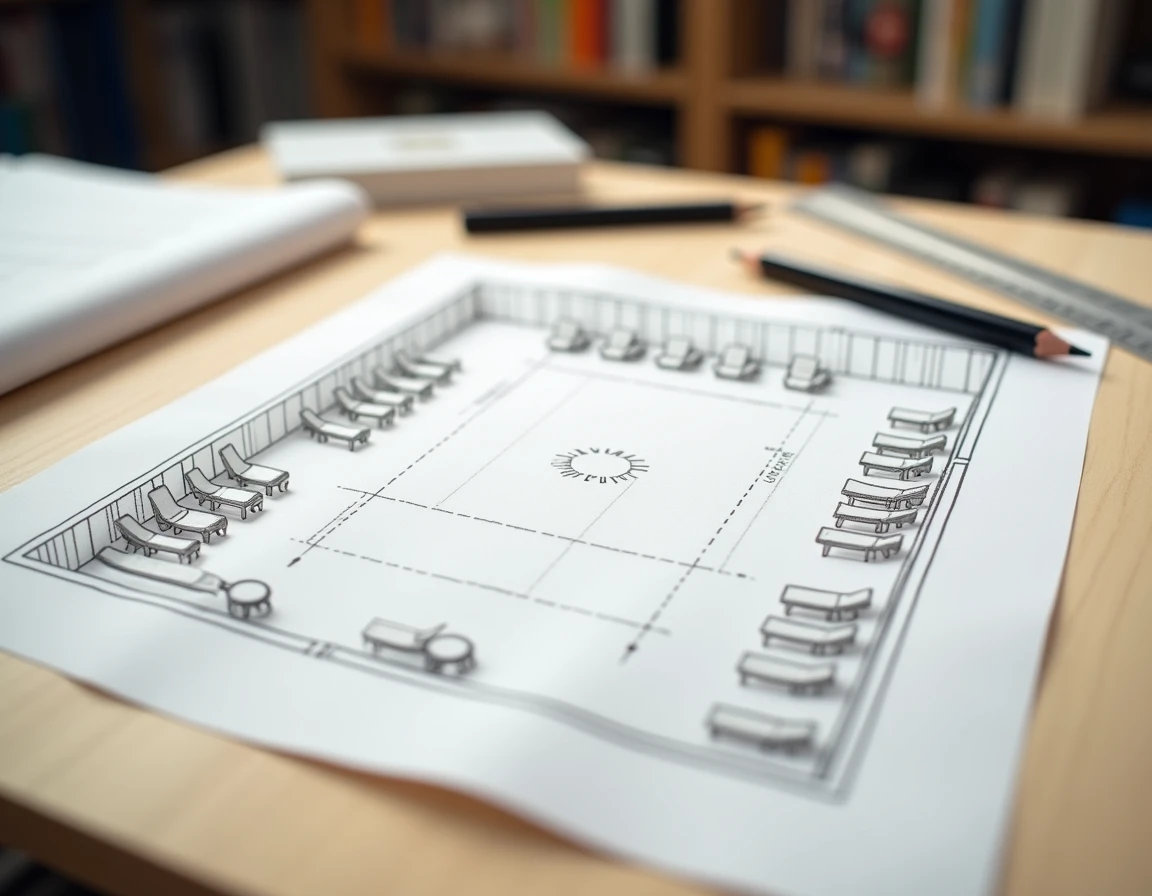 Plan d'aménagement au sol d'une salle dessiné à la main avec calcul du nombre de personnes par mètre carré