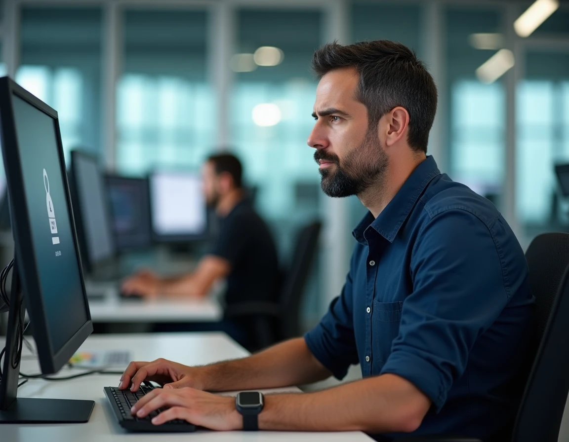 Homme en open space résolvant un problème de connexion à un portail professionnel sur ordinateur de bureau