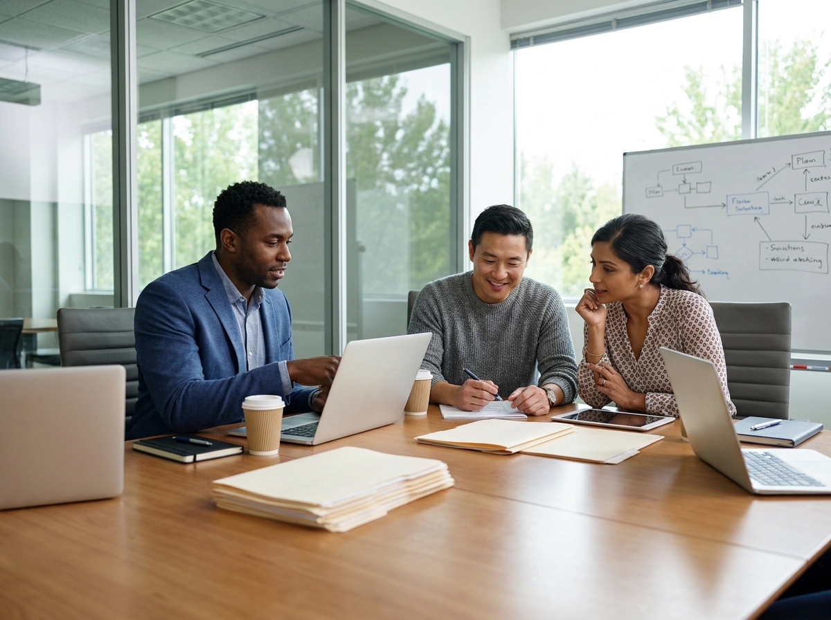 Groupe de collègues en réunion dans un espace de travail moderne
