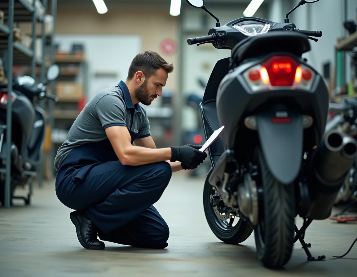 Technicien inspectant un scooter Yamaha XMAX 125 en atelier lors d'une révision de rodage