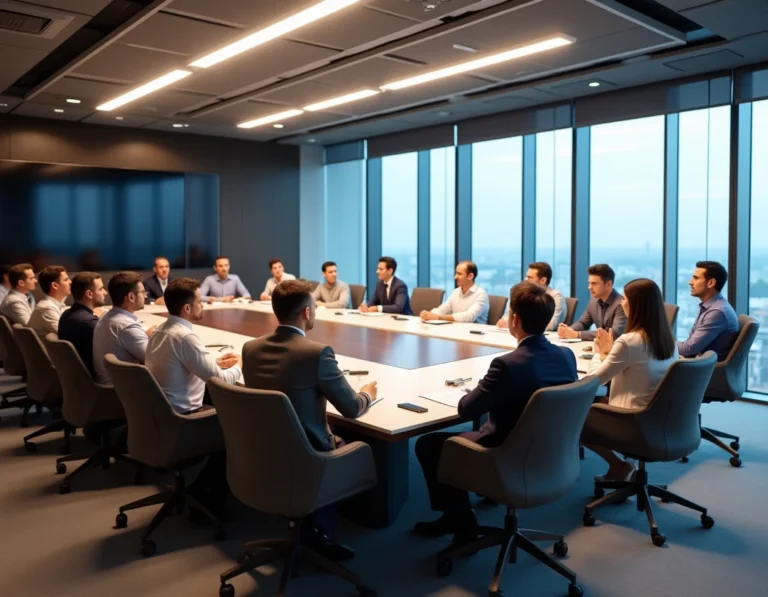 Salle de réunion professionnelle de 30 participants avec table de conférence rectangulaire et disposition optimisée