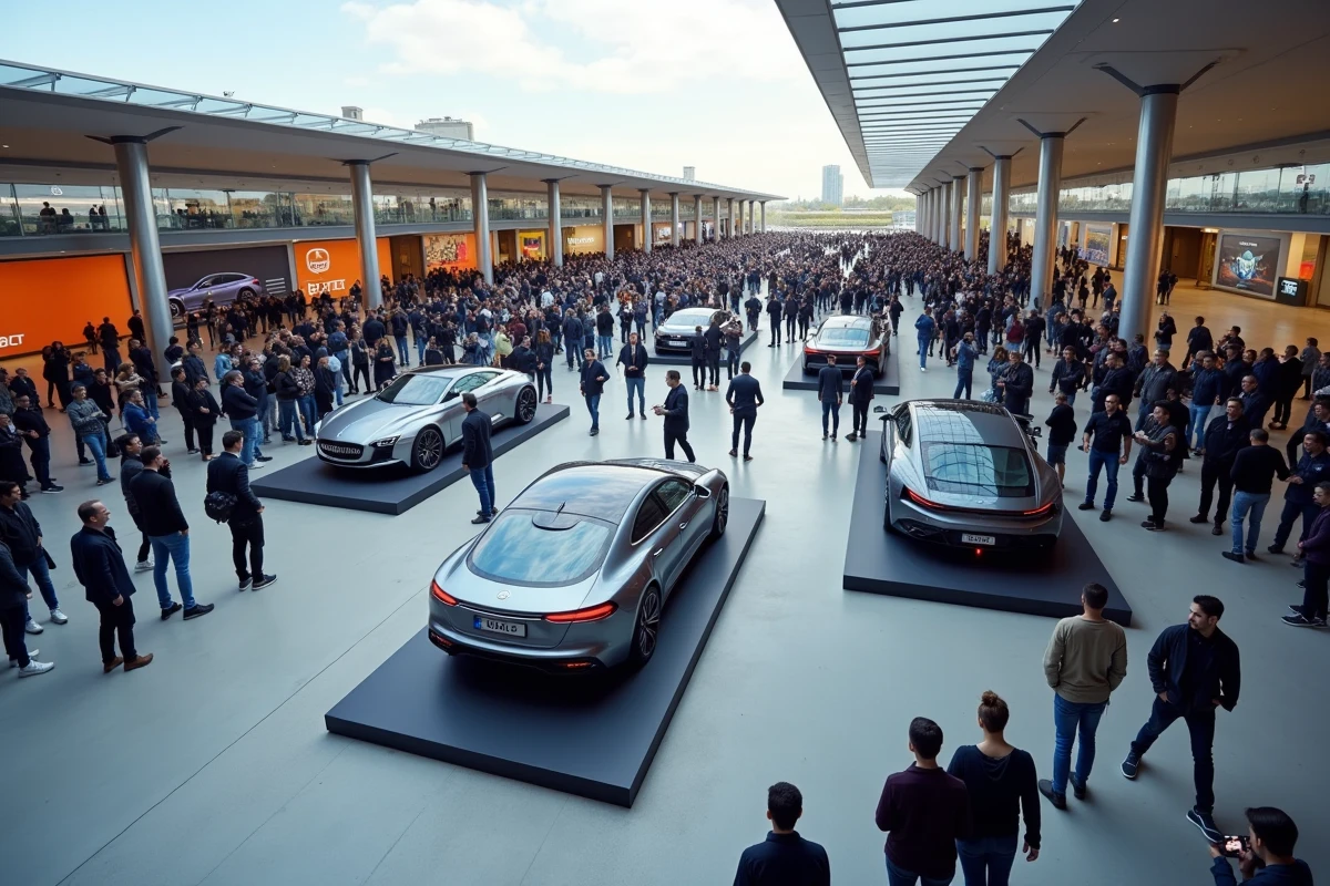 Salon automobile en plein air avec des voitures concept exposées sur des podiums entourés de visiteurs