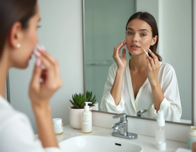 Femme appliquant un sérum teinté devant un miroir dans une salle de bain moderne, tendances beauté 2024